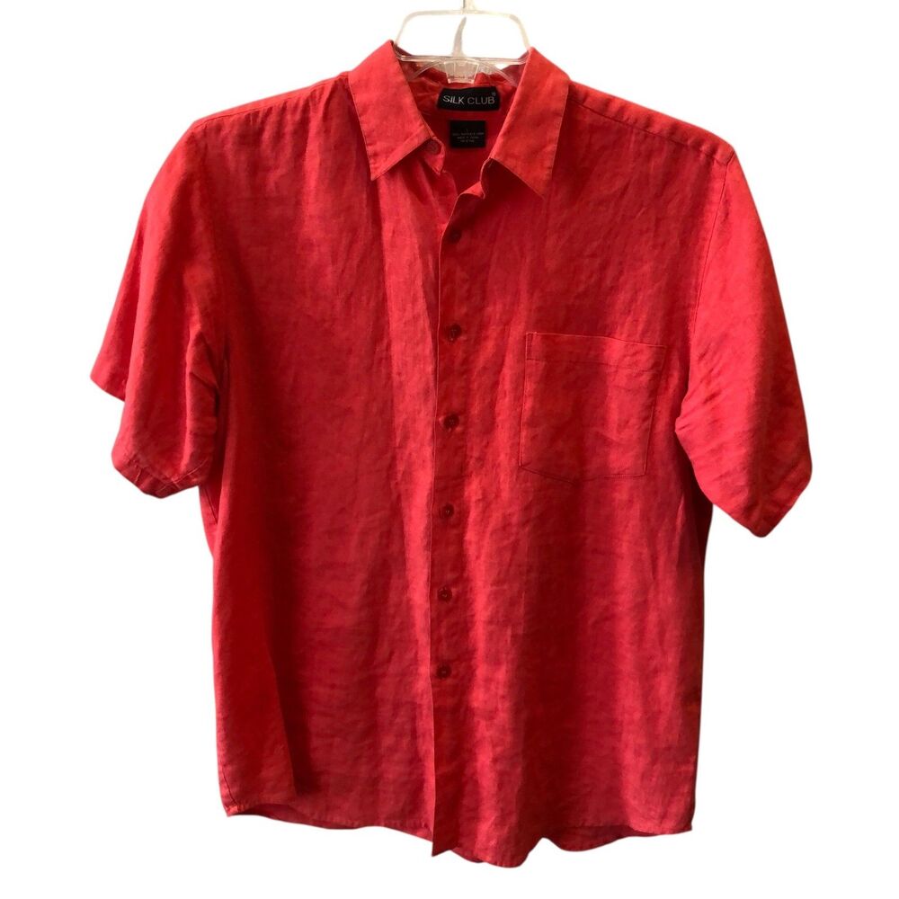 Silk Club Mens Large Red Linen Short Sleeve Button Up Collared Shirt Top Sz L
